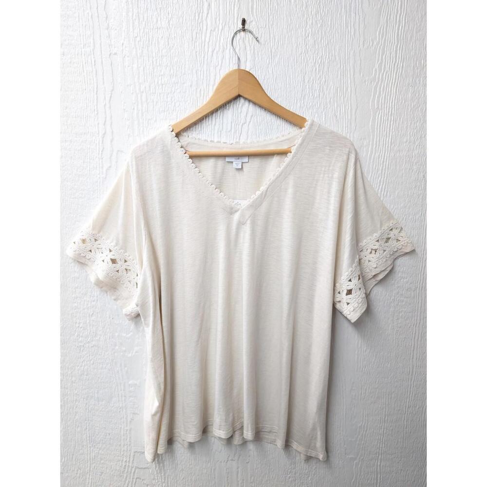 NWT $69 J Jill Crochet Trim V-Neck Top Tshirt In Barley Neutral Women's Size 2X